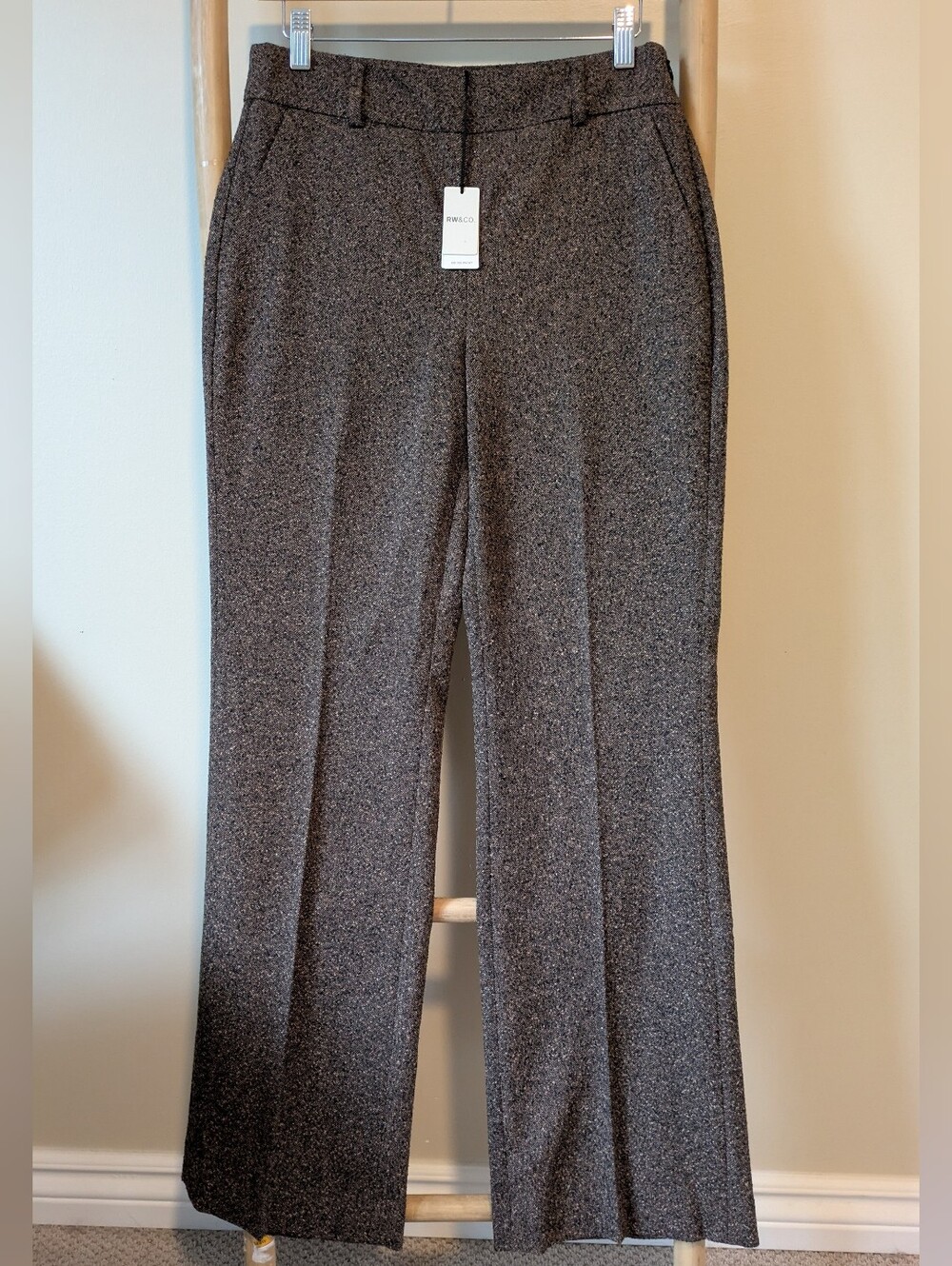 NWT RW&CO Brown/Black Herringbone Tweed Boot-Cut Trousers Size 4